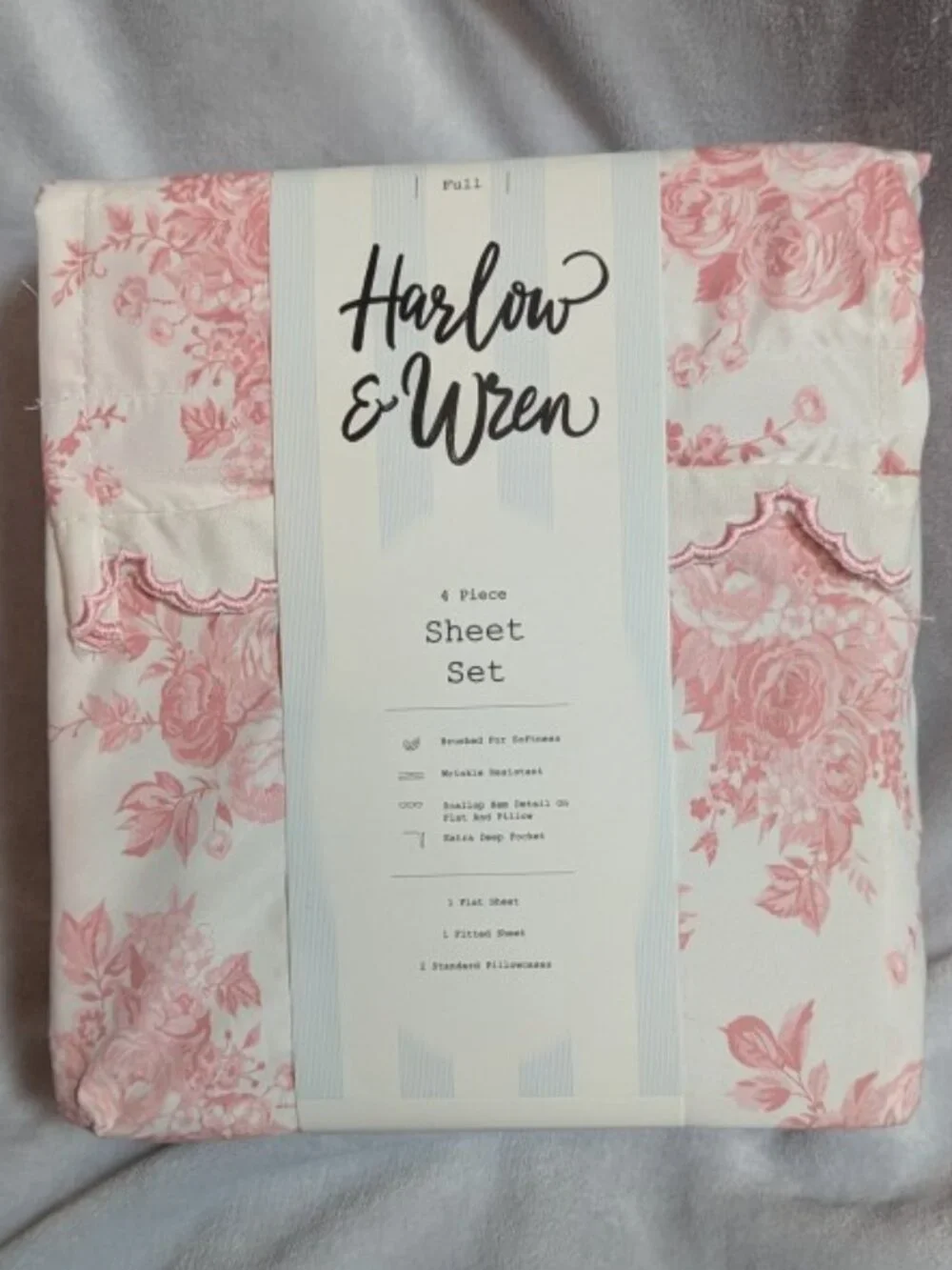 NWT Harlow & Wren Full 4-Piece Sheet Set - Tonal Floral Pink with Scalloped Hem